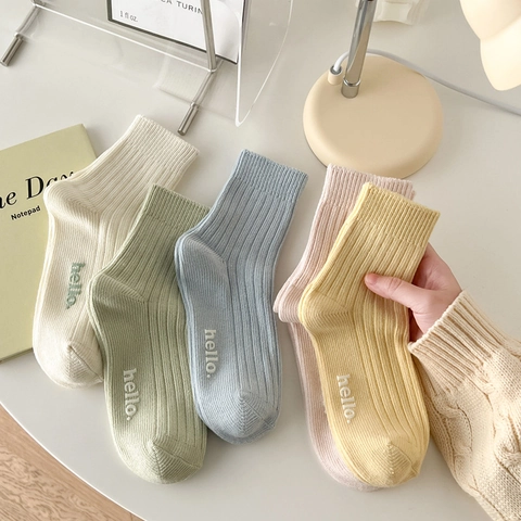 Damen Crew Socken Gekämmte Baumwolle Gerippt Mittelwaden Hello Stickerei Atmungsaktiv Lässig Japan Stil Macaron Farben