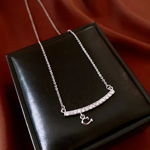 Dainty Silver Tone Copper Necklace With Zircon Curved Bar And C Initial Pendant Minimalist Jewelry For Women
