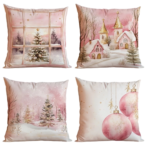 Weihnachts Kissenbezüge Dekorative Kissenhüllen Rosa Gold Aquarell Nussknacker Schneeszene Für Sofa Zuhause