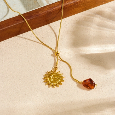 Collana In Acciaio Inossidabile Con Ciondolo Viso Sole Luna Perla In Resina Ambrata Catena A Serpente Oro Retrò Donna