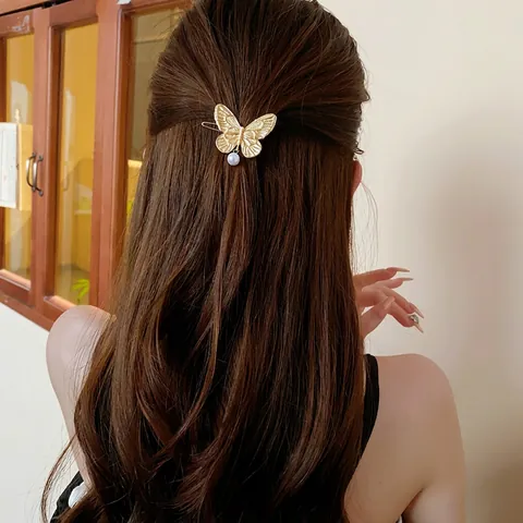 Elegante Molletta Per Capelli A Farfalla Con Imitazione Perla Artificial Lega Metallo Clip Laterale Per Donne Moda Styling