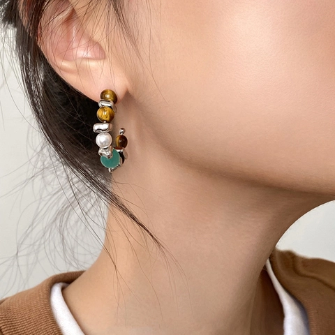 C-Shaped Beaded Hoop Earrings With Tiger Eye Stone Imitation Artificial Pearl And 925 Sterling Silver Earring Post Vintage Jewelry