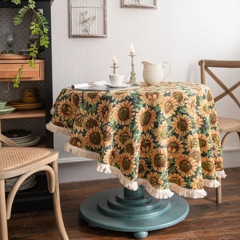 Round Tablecloth Jacquard Sunflower Floral Pattern Cotton Polyester Thick Vintage Art Table Cover With White Tassels
