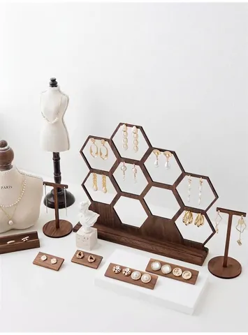 Walnut Wood Jewelry Display Stand Honeycomb Hexagon Earring Organizer T Bar Stud Rack Desktop Storage Photography Props