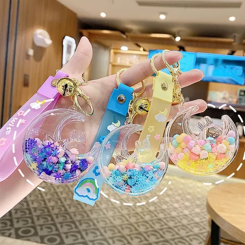 Stern Mond Hase Schlüsselanhänger Acryl Flüssig Treibsand Tasche Anhänger Mit Silikon Wish Gurt Legierung Glocke Süß