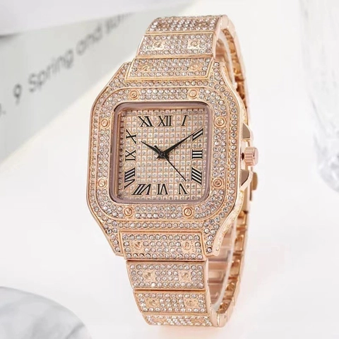 Men Luxury Square Iced Out Quartz Watch Full Rhinestone Alloy Case And Stainless Steel Strap Roman Numeral Dial