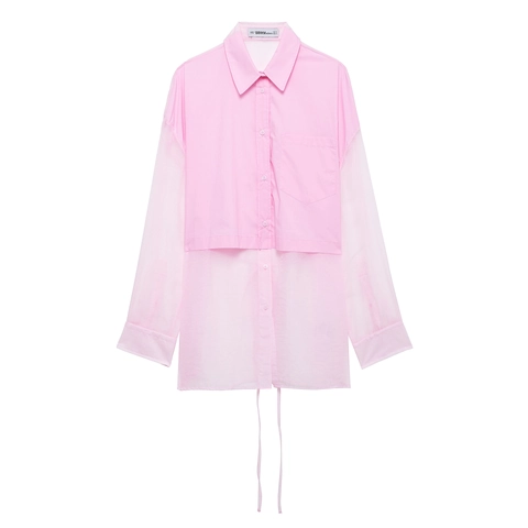 Dames Roze Transparante Organza Patchwork Blouse Shirt Met Lange Mouwen En Trekkoord Aan De Zoom En Rugstrik