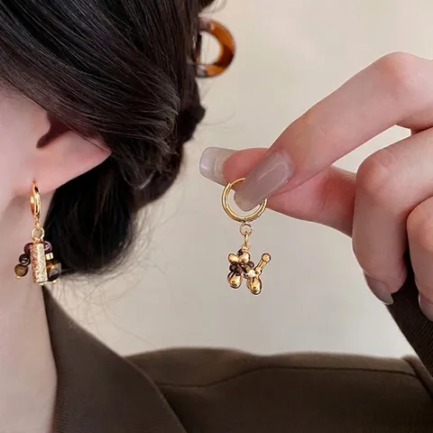 Vintage Asymmetrical Hoop Earrings With Gold Plated Balloon Dog And Tiger Eye Stone Beaded Dangle Elegant Jewelry For Women
