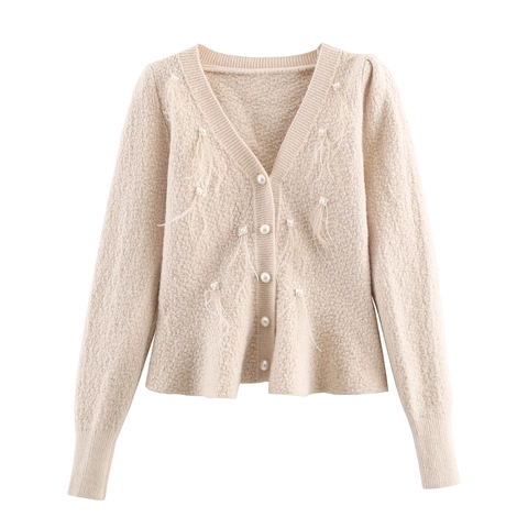 Cardigan En Tricot À Gland En Plumes Femmes Col En V Pull À Manches Longues Avec Boutons En Künstliche Perles Élégant Doux Haut En Polyester