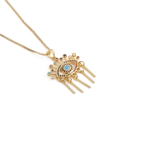 Collier Pendentif Mauvais Œil Cuivre Zircon Strass Inlay Gland Frange Bijoux De Mode Pour Femmes Plaqué Or Style Céleste