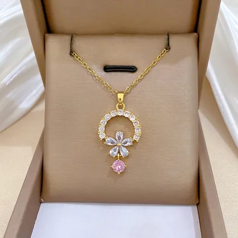 Elegant Round Flower Pendant Necklace For Women With Pink And Clear Zircon Inlaid Copper And Stainless Steel Chain