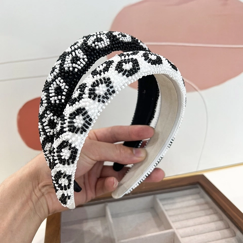 Leopard Pattern Seed Bead Headband Padded Sponge High Top Handmade Fashion Hair Accessory Women