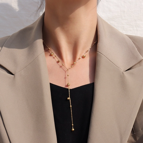 Y-Förmige Perlenkette Edelstahl Lange Quaste Minimalismus Trendiger Schmuck Für Damen