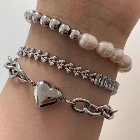 Edelstahl Süßwasserperlen Armband Für Damen Mit Herzanhänger Und Baguette Zirkonia Lagiges Modeschmuck