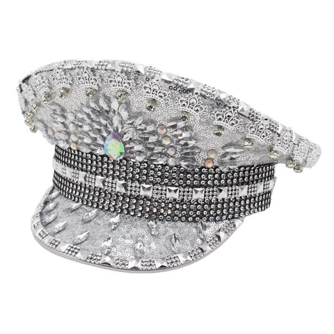 Luxury Silver Rhinestone Captain Hat With Sequins Alloy Studs Festival Military Hat For Burning Man Carnival Party