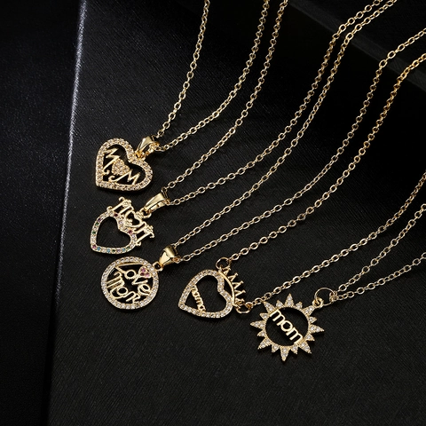 Collar Con Colgante Corazón MOM Cobre Chapado En Oro 18K Circonita Elegante Regalo Día De La Madre Para Mujer Estilo INS