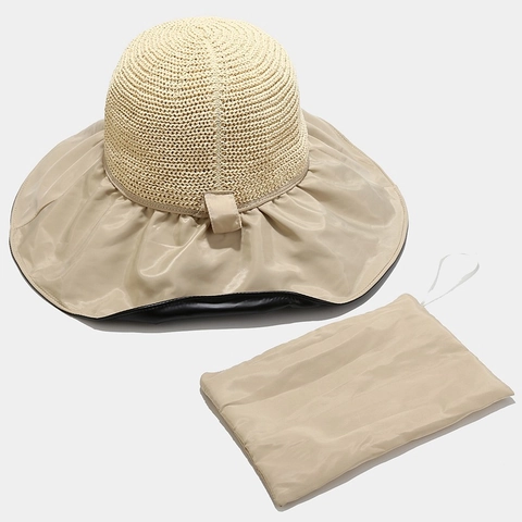 Cappello Da Sole Donna Pescatore E Borsa Paglia Intrecciata Tesa Larga Grande Fiocco Protezione UV Pieghevole Estate Spiaggia