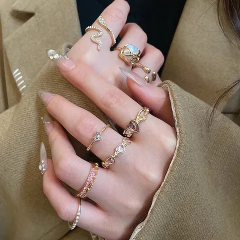 Anelli In Lega Dorata Con Zircone A Cuore Rosa Perla Artificial Serpente Design Geometrici Per Donne Gioielli Retrò Eleganti