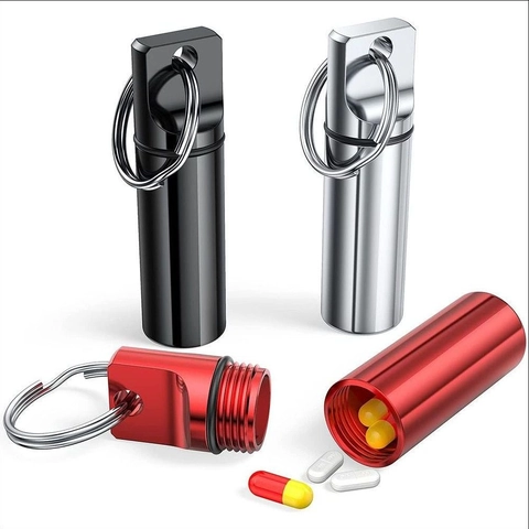 Portapillole Portachiavi Portatile in Alluminio Capsula Impermeabile Per Esterni Viaggio Custodia per Tappi Orecchie Metallo