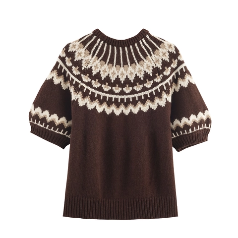 Fair Isle Jacquard Strickpullover Damen Halbhoher Kragen Fünf-Punkt Puffärmel Retro Kurz Pullover Tops Polyester Acryl