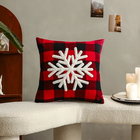 Funda De Cojín De Navidad Cuadros Buffalo Bordado Copo De Nieve Árbol Poliéster Algodón Decoración Hogar