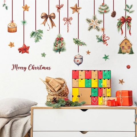 Autocollants Muraux de Noël en PVC Amovibles Aquarelle Maison en Pain d'Épice Sapin de Noël Nœud Décalcomanies pour Décoration de Chambre Maison