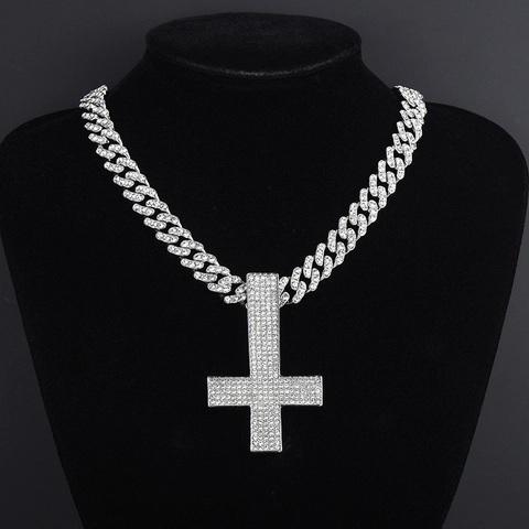 Hip Hop Iced Out Inverted Cross Pendant Necklace Alloy Rhinestone Cuban Link Chain Gold Silver Streetwear Jewelry For Men