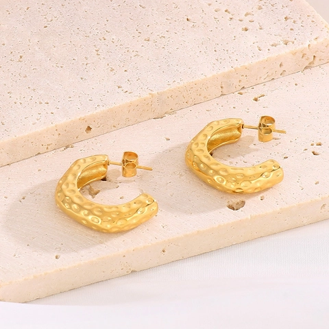 Orecchini A Cerchio A Forma Di C Acciaio Inossidabile Placcato Oro Vintage Minimalista Geometrico Testurizzato Donna