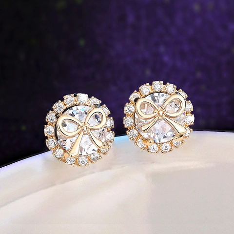 Elegant Bow Stud Earrings With Clear Zircon Copper Golden Halo Sweet Jewelry For Women Prom Daily Fashion Accessory