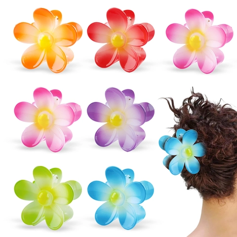 Flower Hair Claw Clips Gradient Color Plastic Resin Glossy Nonslip Ponytail Holder For Women Elegant Styling Accessories