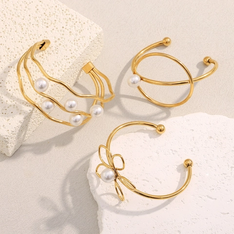 Bracciale Rigido Minimalista Placcato Oro 18K Acciaio Inossidabile Imitazione Perla Artificial Fiore Nodo Linea Per Donne