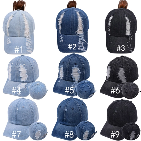 Cappellino da Baseball in Denim Distressed da Donna Per Coda di Cavallo Lavaggio Strappato Cotone Messy Bun Regolabile Outdoor Parasole
