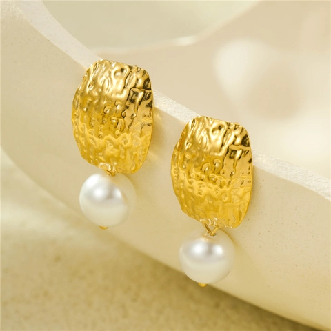Vintage Stainless Steel Hammered Geometric Square Stud Earrings With Freshwater Pearl Gold Plated Jewelry For Women