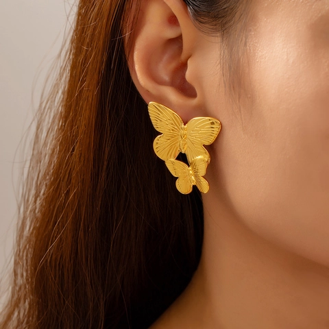 Butterfly Stud Earrings Double Layer Textured Titanium Steel PVD Gold Plated Korean Style Elegant Jewelry For Women