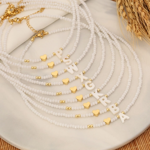 Collana Pendente Lettera Iniziale Conchiglia Choker Perline Cristallo Bianco Con Cuore Oro Accessorio Donna