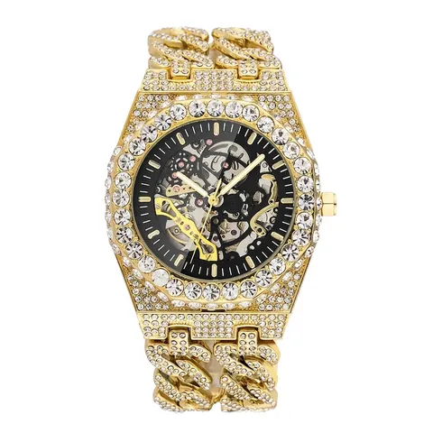 Orologio Al Quarzo Da Uomo Con Strass E Quadrante Scheletrato Stile Hip Hop In Acciaio Inossidabile Lusso Resistente