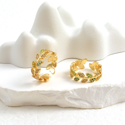 Blatt Rebe Offener Verstellbarer Ring Kupfer 18K Vergoldet Emaille Zirkon Natur Vintage Stil Schmuck Für Damen