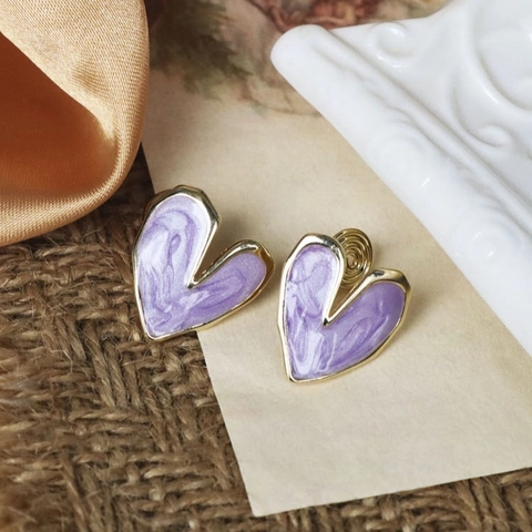 Orecchini Cuore Lega Smalto Trama Marmo Vintage Gioielli Donne Con Silver Earring Post