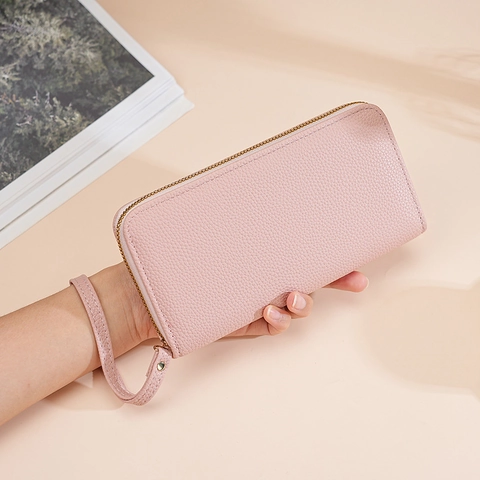 Women Long Wallet Litchi Pattern PU Leather Large Capacity Zip Around Clutch Phone Bag With Wristlet Strap Minimalist