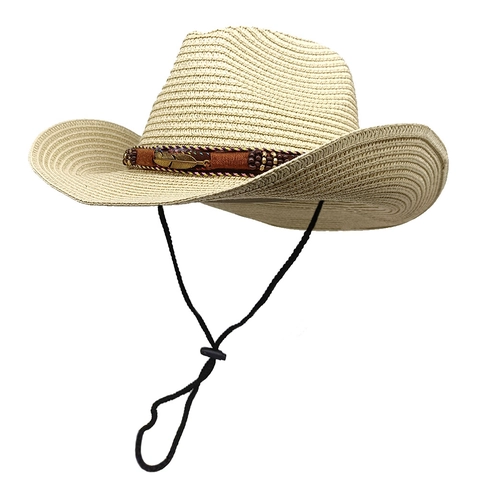 Chapeau De Cowboy En Paille Pour Femmes Plage D'été Protection Solaire Style Ethnique Vintage Tissé Avec Décor De Plumes