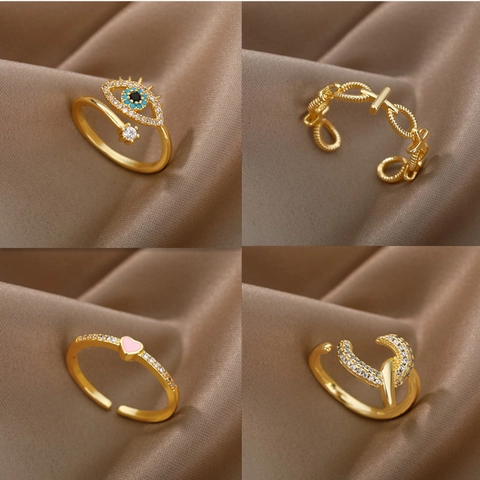 Anillos Abiertos Ajustables Evil Eye Cobre Zircón Corazón Hoja Estilo Bohemio Coreano Joyería De Moda Tendencia Regalo Mujer