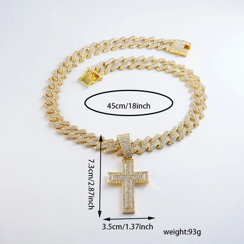 Hip Hop Full Rhinestone Cross Pendant Necklace Alloy Cuban Link Chain Rap Jewelry For Men Stylish Streetwear Accessory