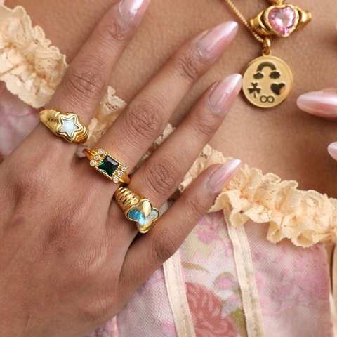 Opal Heart Butterfly Flower Ring Copper 18K Gold Plated Adjustable Ribbed Band Vintage Style Jewelry Gift For Women
