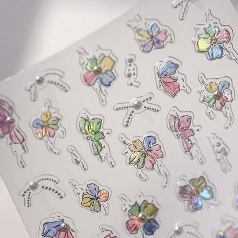 3D Embossed Nail Art Stickers Iridescent Holographic Floral Four Leaf Clover Design With Faux Artificial Pearl Manicure Decals