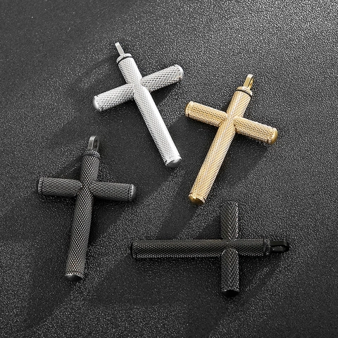 Knurled Stainless Steel Cross Cremation Urn Necklace For Ashes Memorial Pendant Jewelry For Men Religious Gift