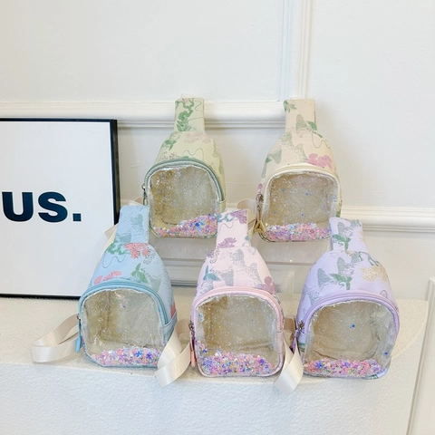 Kids Chest Crossbody Bag Transparent Quicksand Sequin Floral Printed Nylon PVC Fashionable Lightweight Leisure For Boys Girls