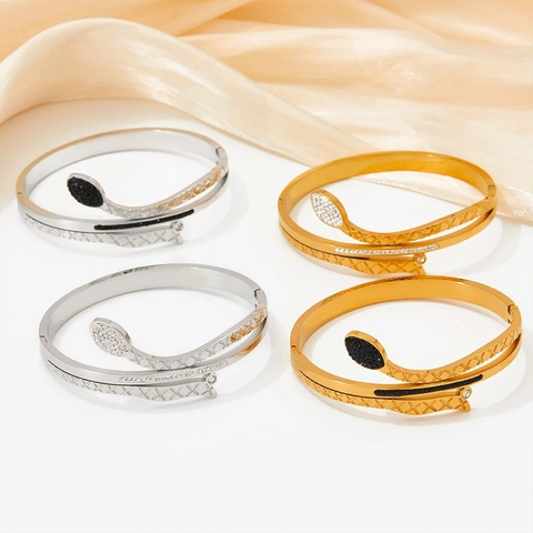 Snake Shaped Wrap Bangle Stainless Steel Rhinestone Inlaid Textured Open Bracelet For Women Fashion Jewelry