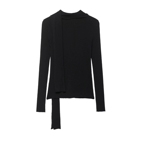 Women Ribbed Knit Cardigan Long Sleeve Scarf Neck Single Breasted Solid Color Slim Fit Sweater Top Polyester Spandex