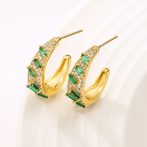 Geometric C Shape Hoop Earrings Gold Plated Copper With Rectangular Cubic Zirconia Stones For Women Fashion Jewelry