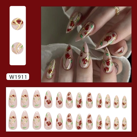 Uñas Postizas Retro Rose Floral Press On Forma Almendra Plástico ABS Borde Dorado Elegante Para Mujeres Rosa Nude